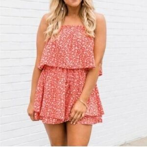 Pink Lily Orange Floral strapless ruffle Romper Shorts set Small Stretch NEW